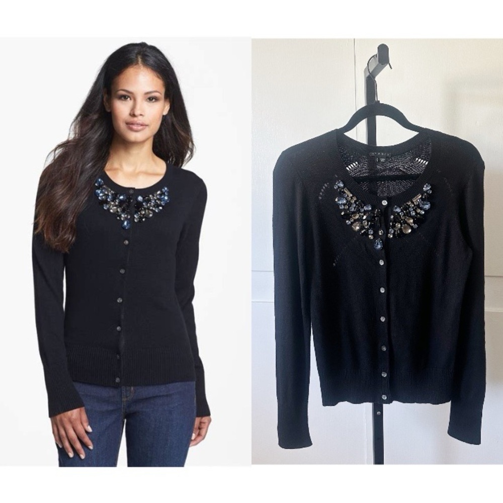 Theory Embellished Jeweled Black Cardigan Sweater Sz Small